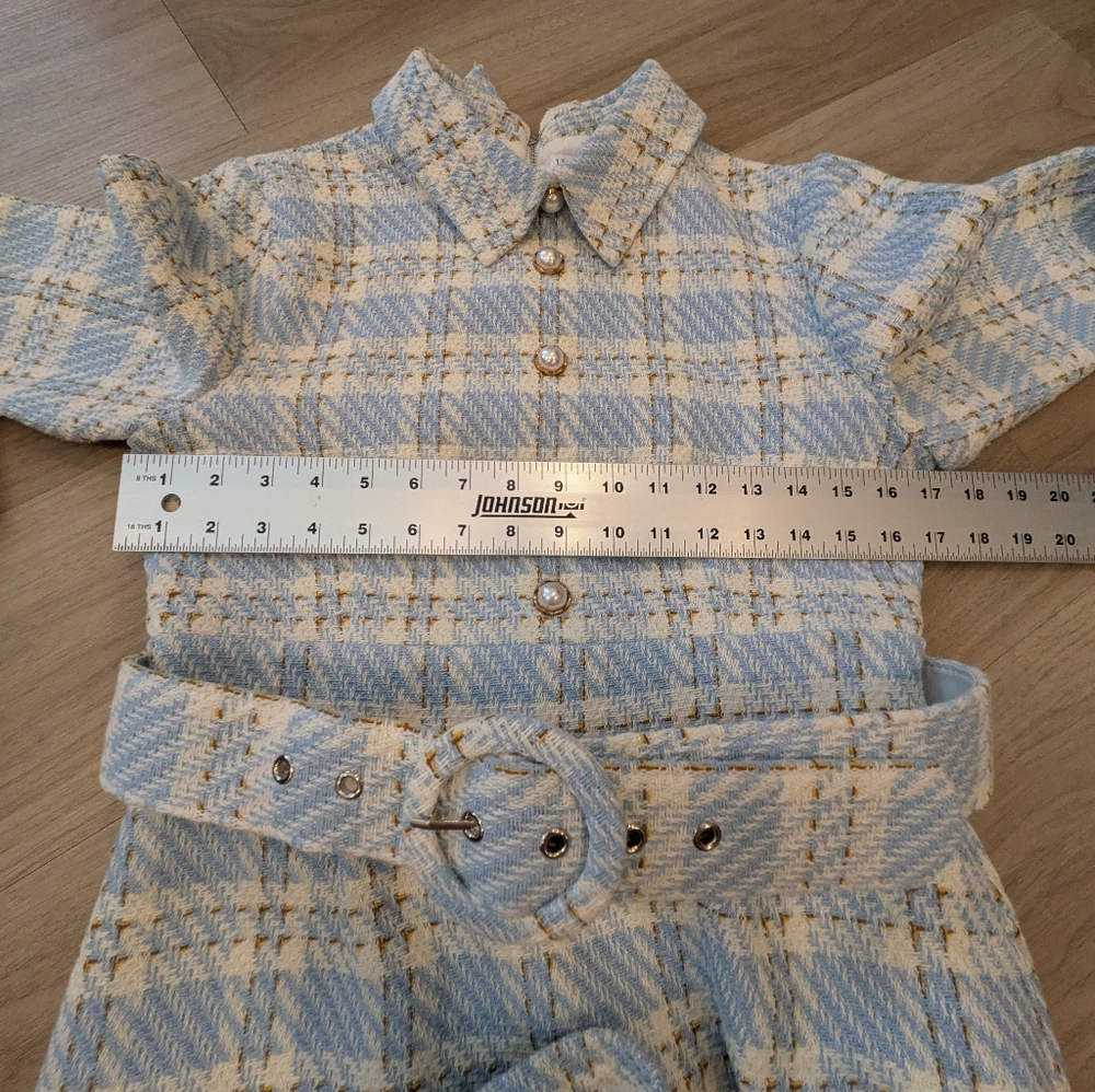 Ivy City - White Blue Plaid Long Sleeve Dress with Belt And Pearl Buttons - Picture 4 of 6